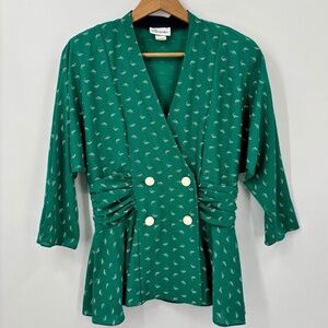 Vintage 80s 90s Peplum Top Women's 10 Teal Retro Draped Ruched Structured USA